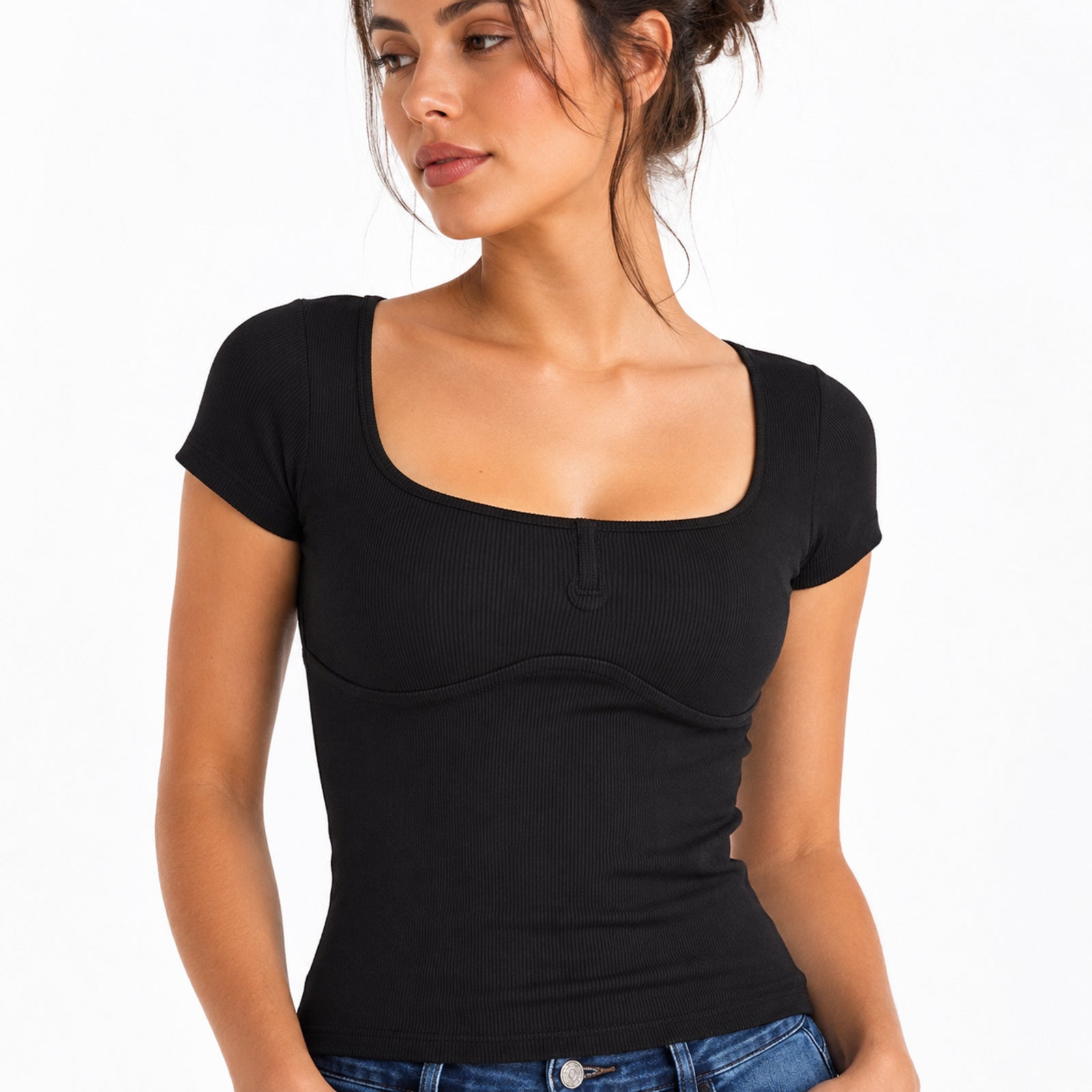 Women's Black Ribbed Scoop Neck Fitted Casual Top-2