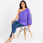 Women's Violet One-Shoulder Balloon Sleeve Relaxed Fit Top-3