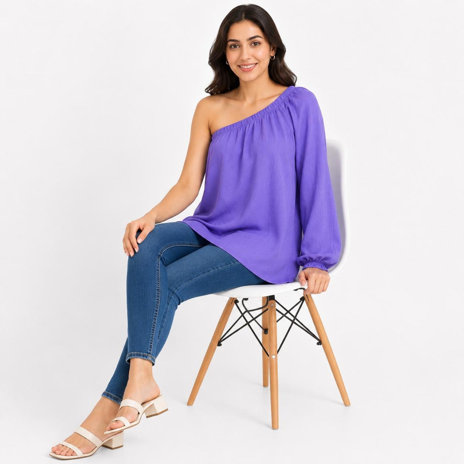 Women's Violet One-Shoulder Balloon Sleeve Relaxed Fit Top-3