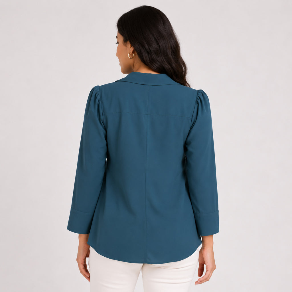 Women's Sophisticated Peacock Green Ruffle Accent Formal Top-4