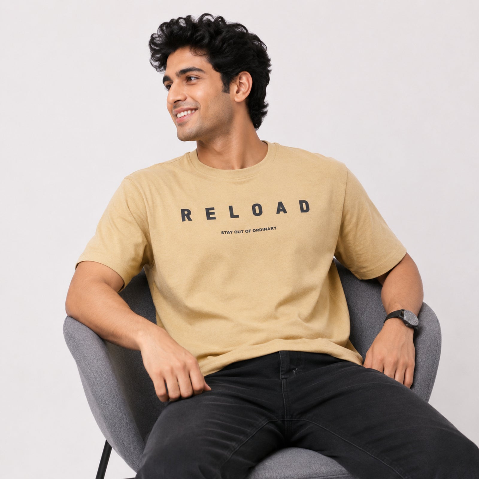 Men's Beige Typography Printed Crew Neck T-Shirt-3