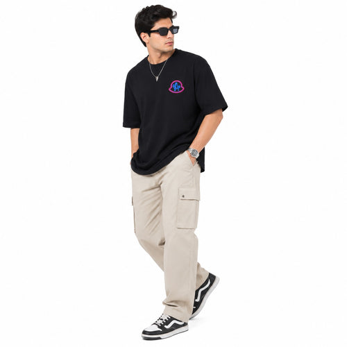 Men's Black Loose Fit Black Graphic Printed Casual T-Shirt-2
