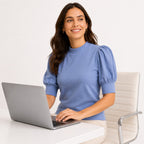 Women's Blue Puff Sleeve High Neck Knit Top-4
