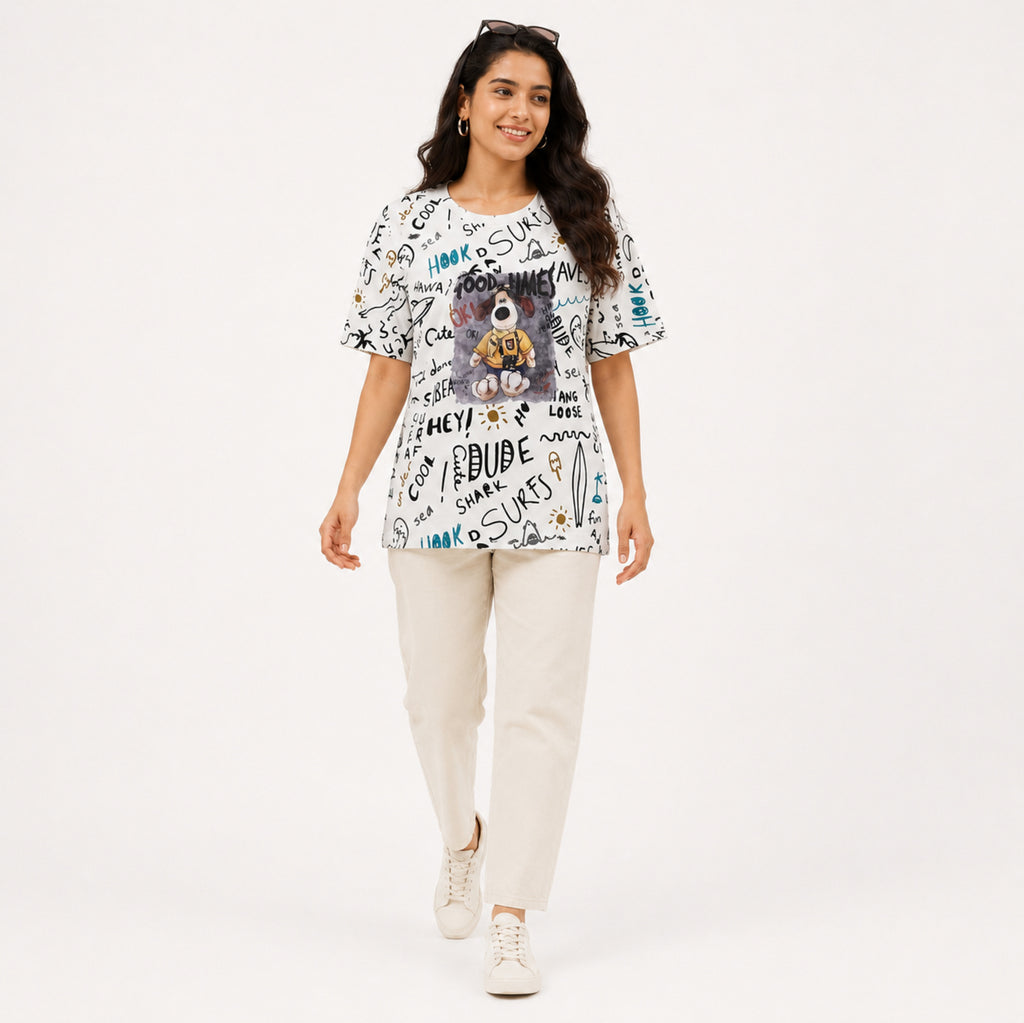 Women's White All-Over Doodle Print Cartoon Graphic Oversized T-Shirt | Relaxed Half Sleeve Casual Tee-1