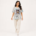 Women's White All-Over Doodle Print Cartoon Graphic Oversized T-Shirt | Relaxed Half Sleeve Casual Tee-1