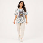 Women's White All-Over Doodle Print Cartoon Graphic Oversized T-Shirt | Relaxed Half Sleeve Casual Tee-1