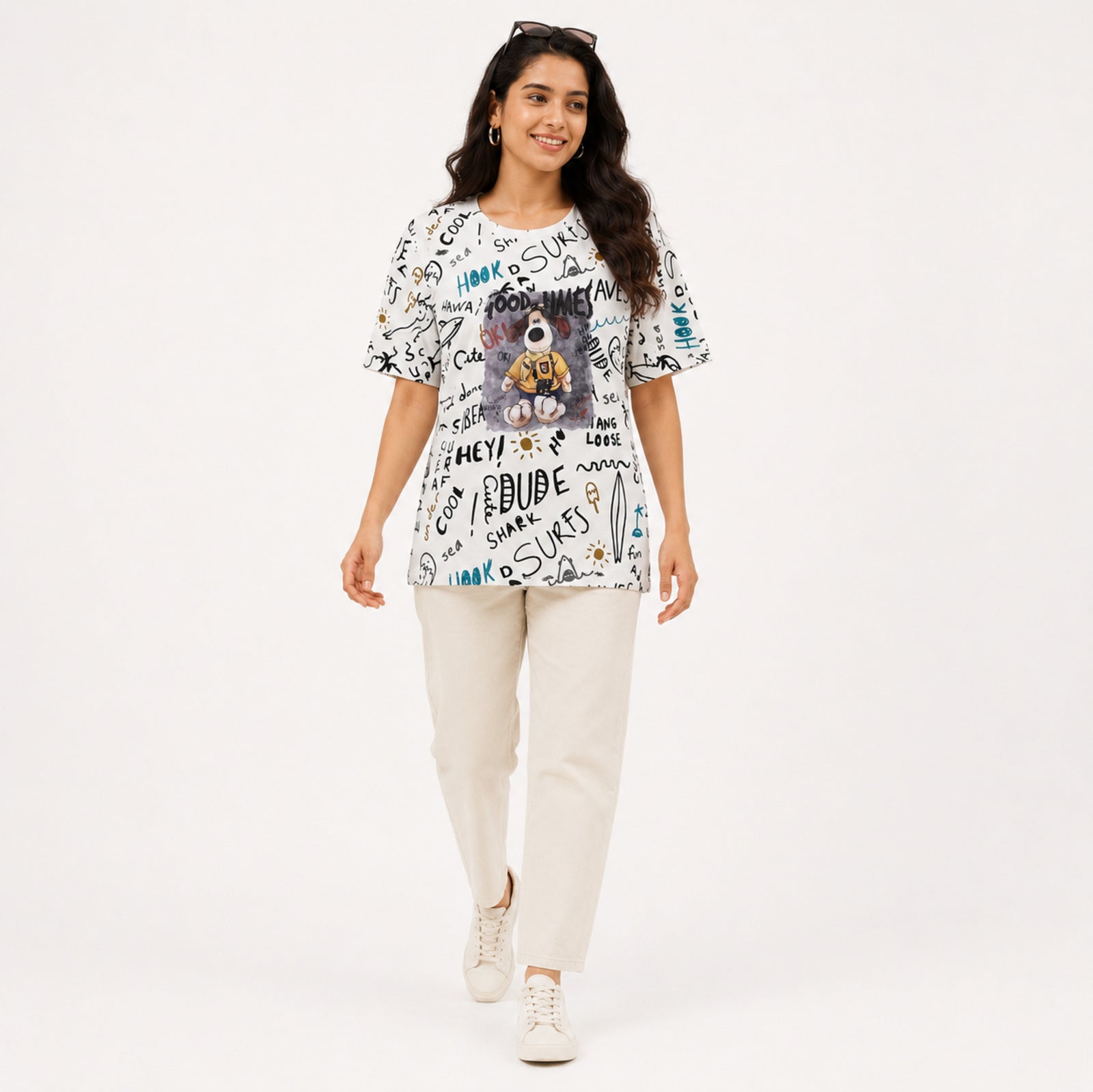 Women's White All-Over Doodle Print Cartoon Graphic Oversized T-Shirt | Relaxed Half Sleeve Casual Tee-1