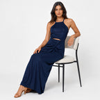 Women's Blue Halter Neck Cut-Out Ruched Maxi Dress | Sleeveless Party Wear Dress-2