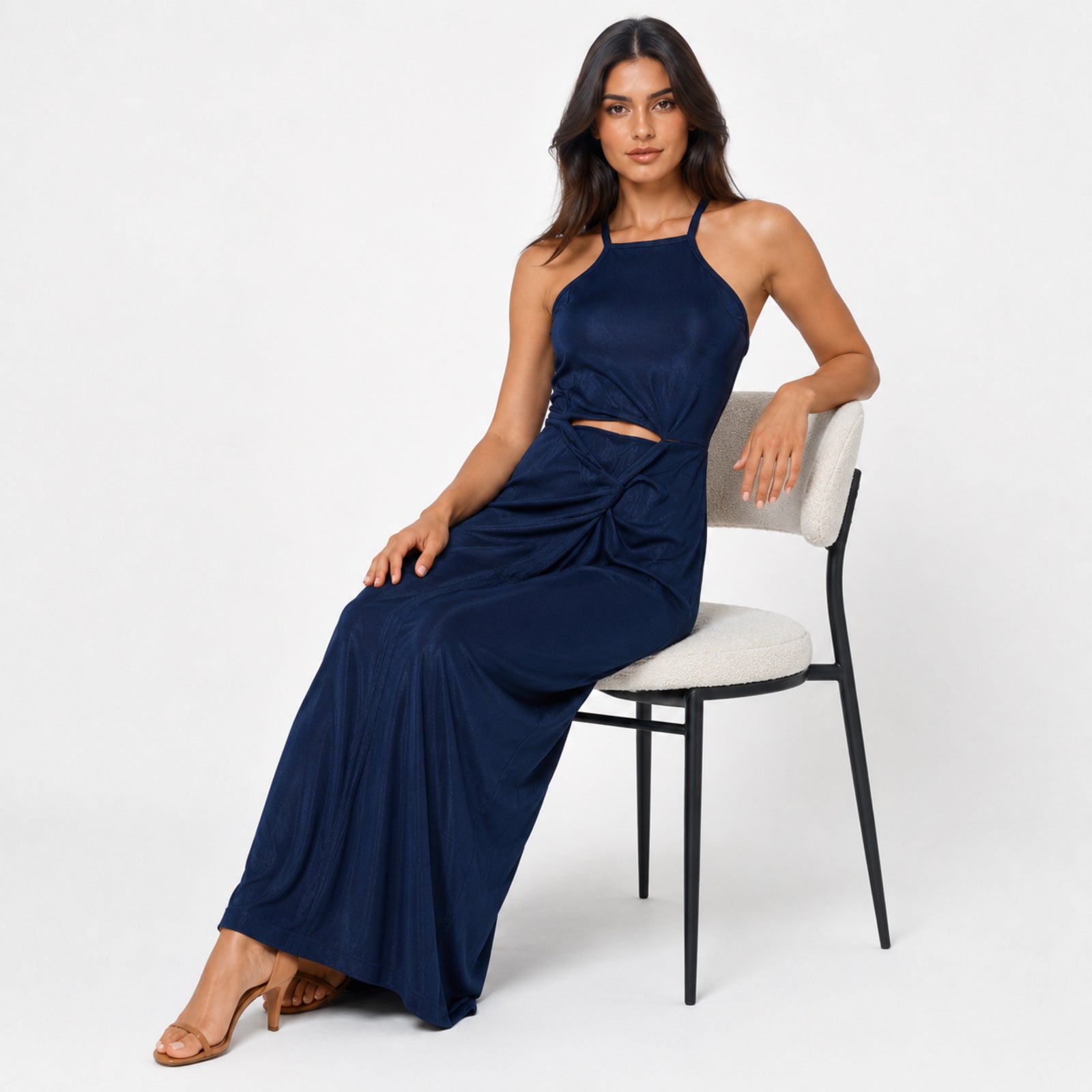 Women's Blue Halter Neck Cut-Out Ruched Maxi Dress | Sleeveless Party Wear Dress-2