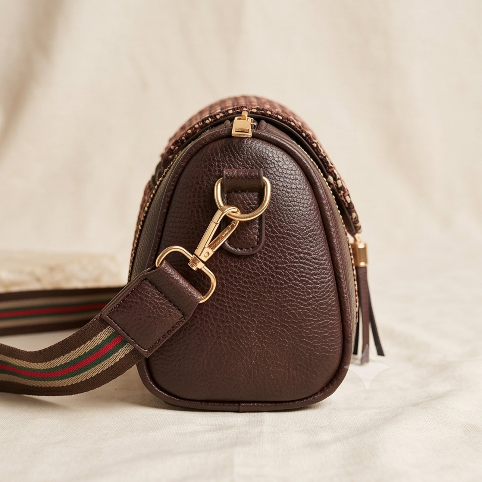 Women's Brown Textured Crossbody Sling Bag with Tassel Detail-4