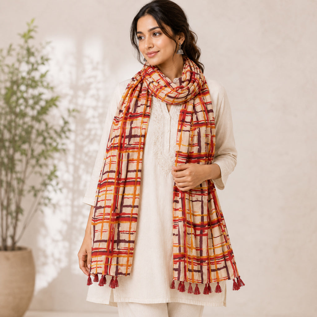 Women's Rust Orange Checkered Tassel Scarf-3
