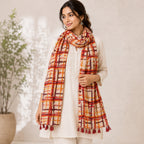Women's Rust Orange Checkered Tassel Scarf-3