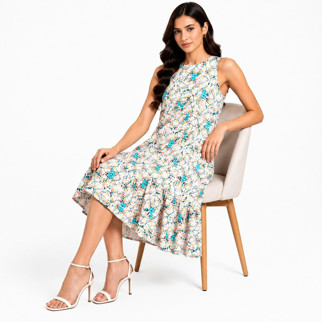 Women's Floral Printed Sleeveless Fit & Flare Knee Length Dress-2