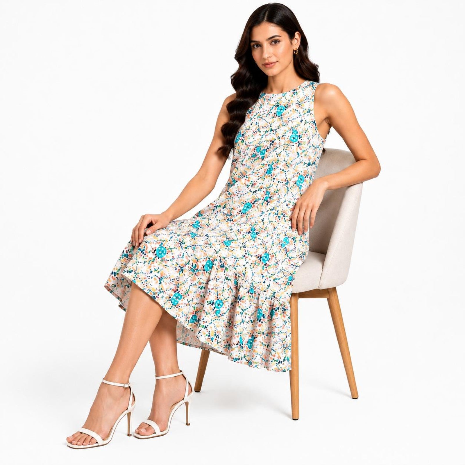 Women's Floral Printed Sleeveless Fit & Flare Knee Length Dress-2