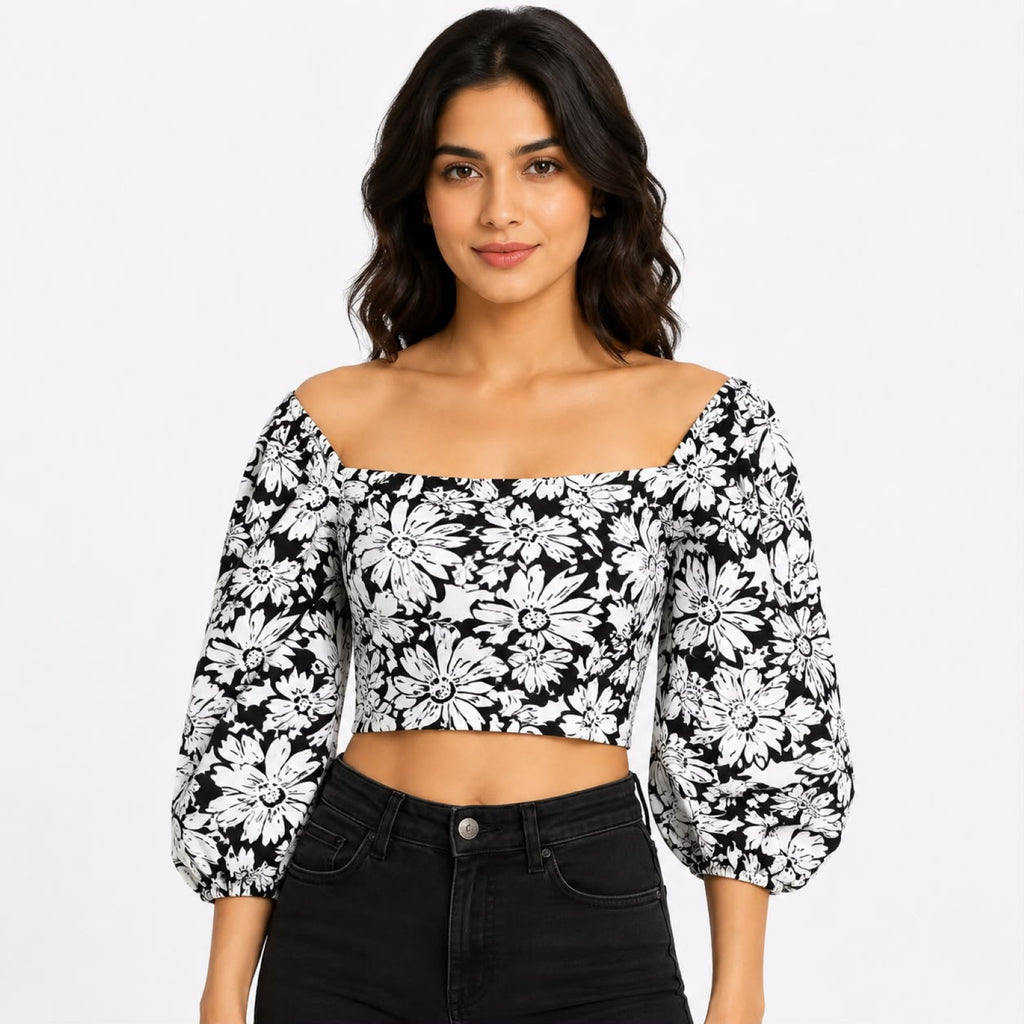 Women's Black & White Floral Off-Shoulder Crop Top-1