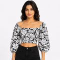 Women's Black & White Floral Off-Shoulder Crop Top-1