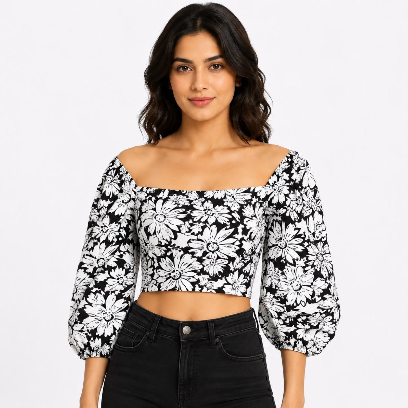 Women's Black & White Floral Off-Shoulder Crop Top-1