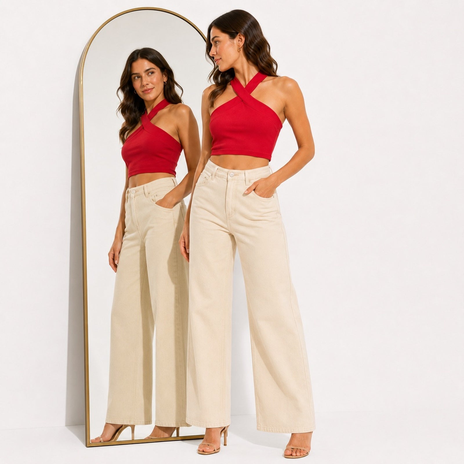 Women's Red Solid Sleeveless Criss-Cross Halter Neck Crop Top for Casual and Party Wear-4