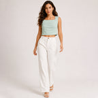 Women's Peach Square Neck Sleeveless Crop Top-2