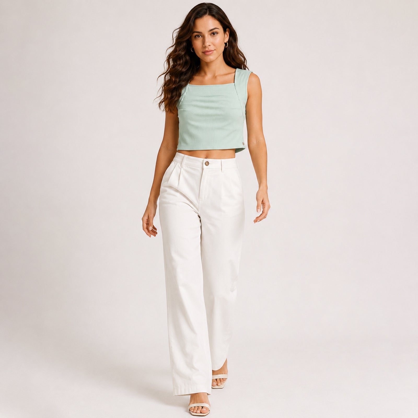 Women's Peach Square Neck Sleeveless Crop Top-2