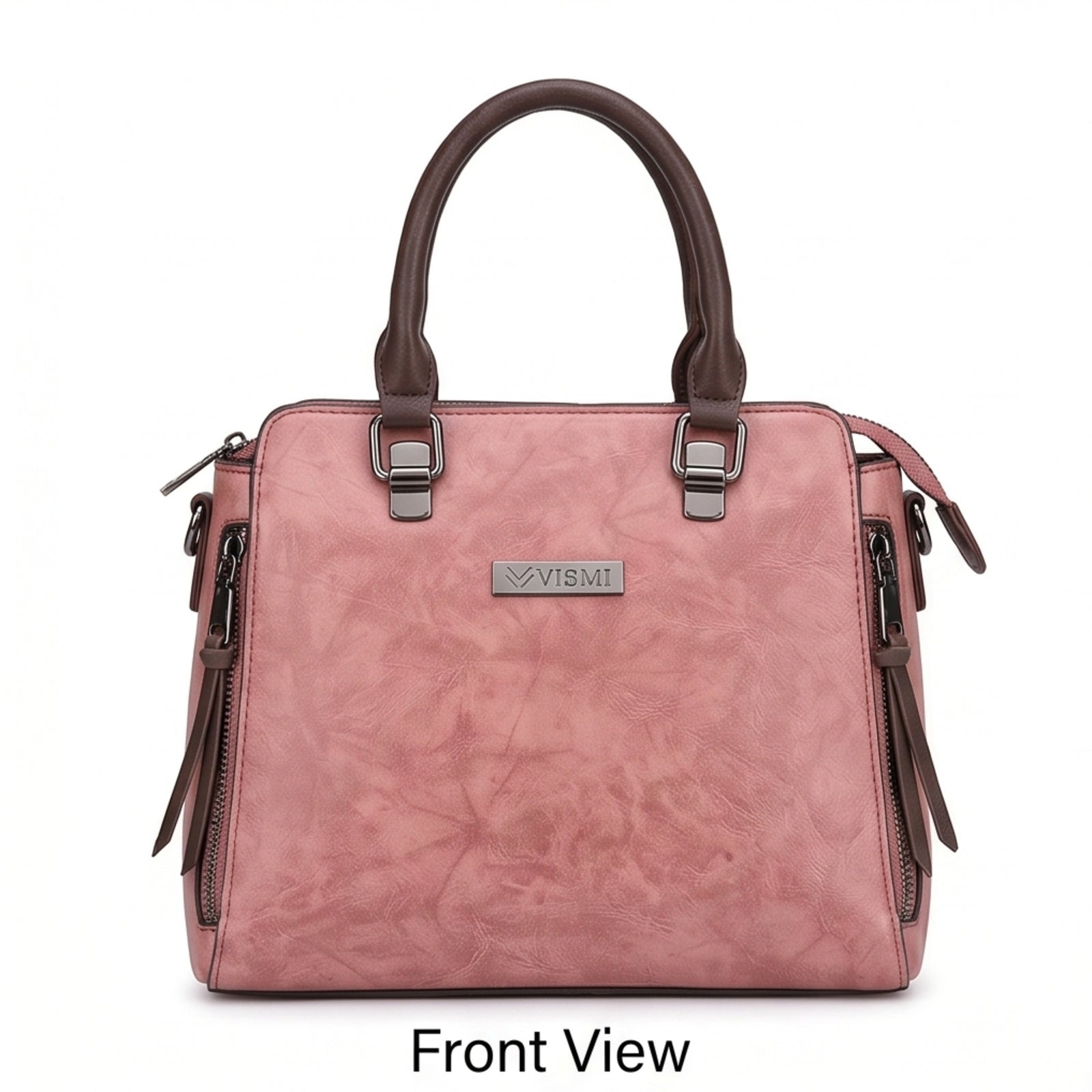 Women's Elegant Luxury Textured Pink Leather Satchel Handbag with Contrast Brown Handles-1