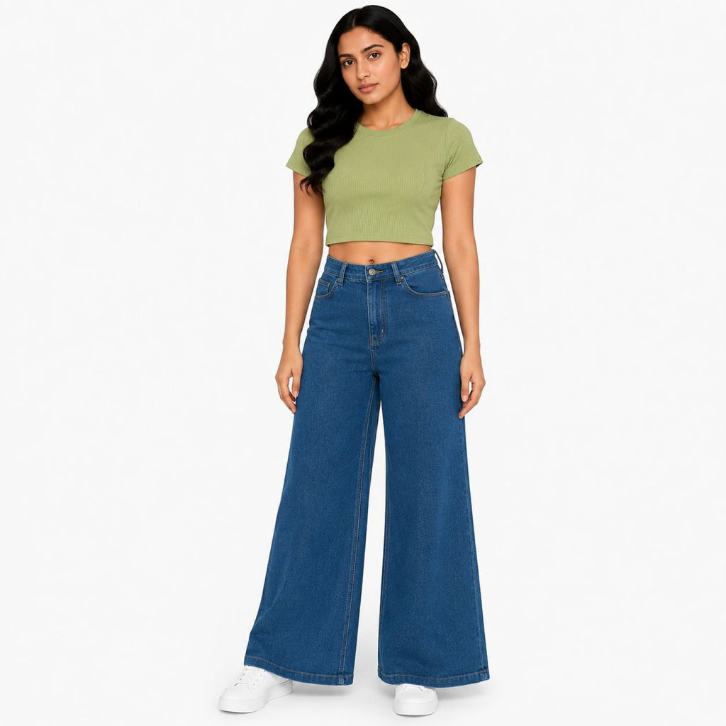 Women's Blue High-Waist Ultra Wide Leg Denim Jeans-1