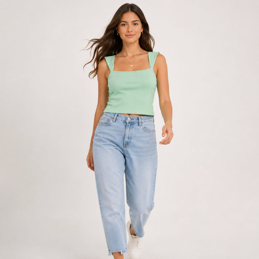 Women's Sage Aura Green Ribbed Square Neck Crop Tank Top-3
