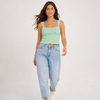 Women's Sage Aura Green Ribbed Square Neck Crop Tank Top-3