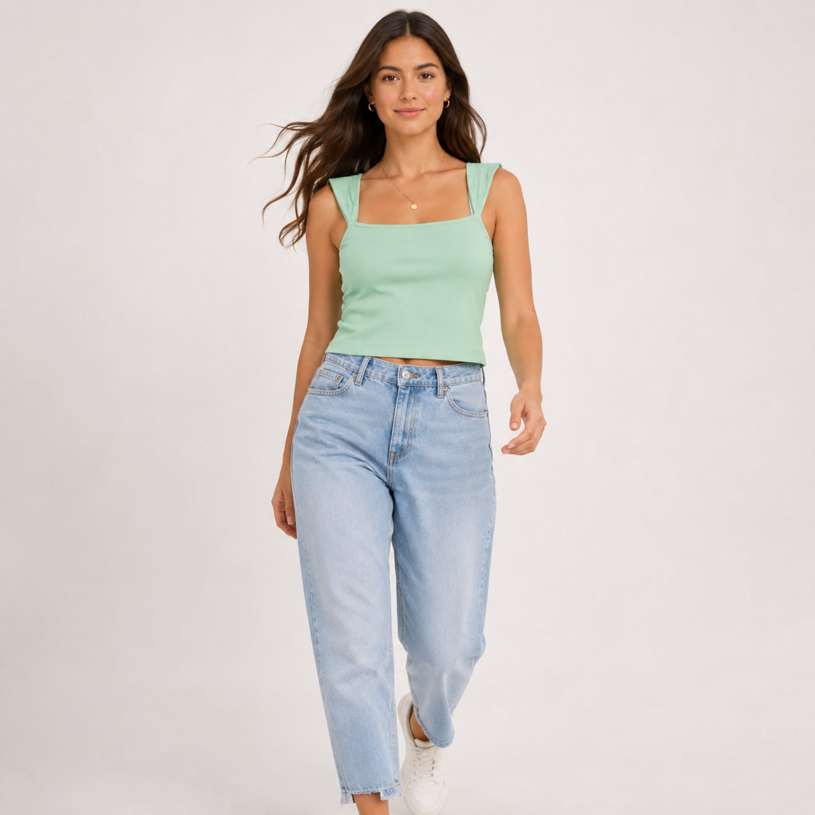 Women's Sage Aura Green Ribbed Square Neck Crop Tank Top-3