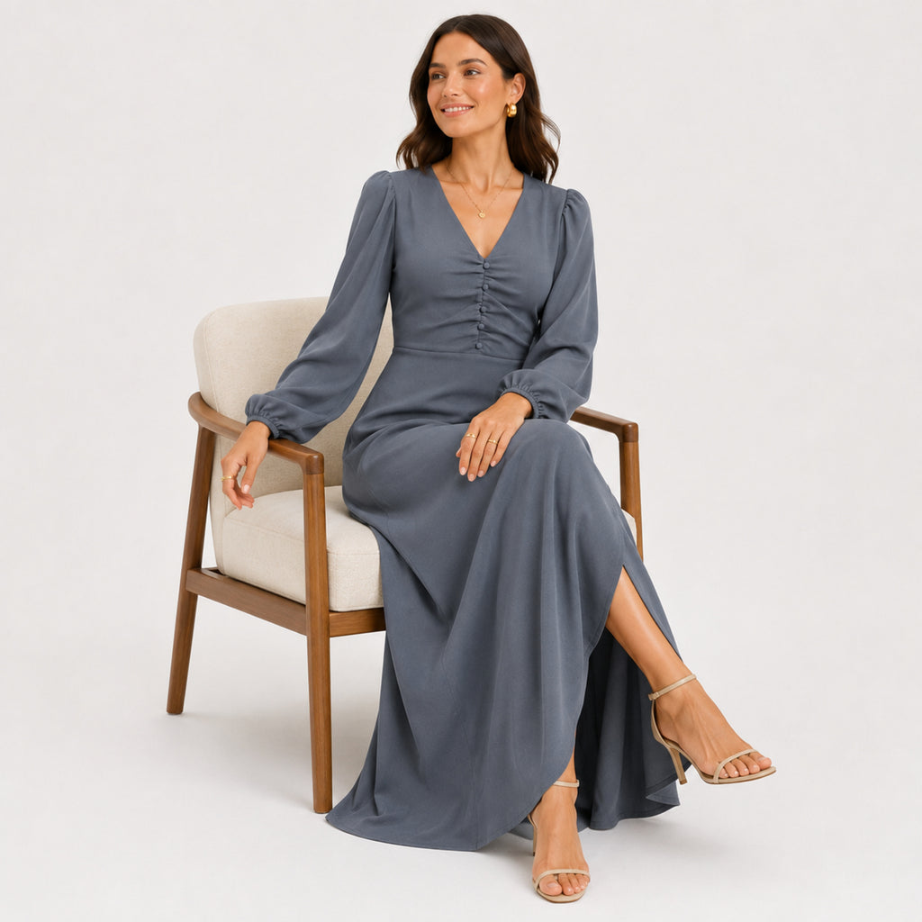 Women's Grey V-Neck Button Detail Long Sleeve Flared Maxi Dress | Elegant Occasion Wear Dress-2