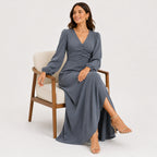 Women's Grey V-Neck Button Detail Long Sleeve Flared Maxi Dress | Elegant Occasion Wear Dress-2