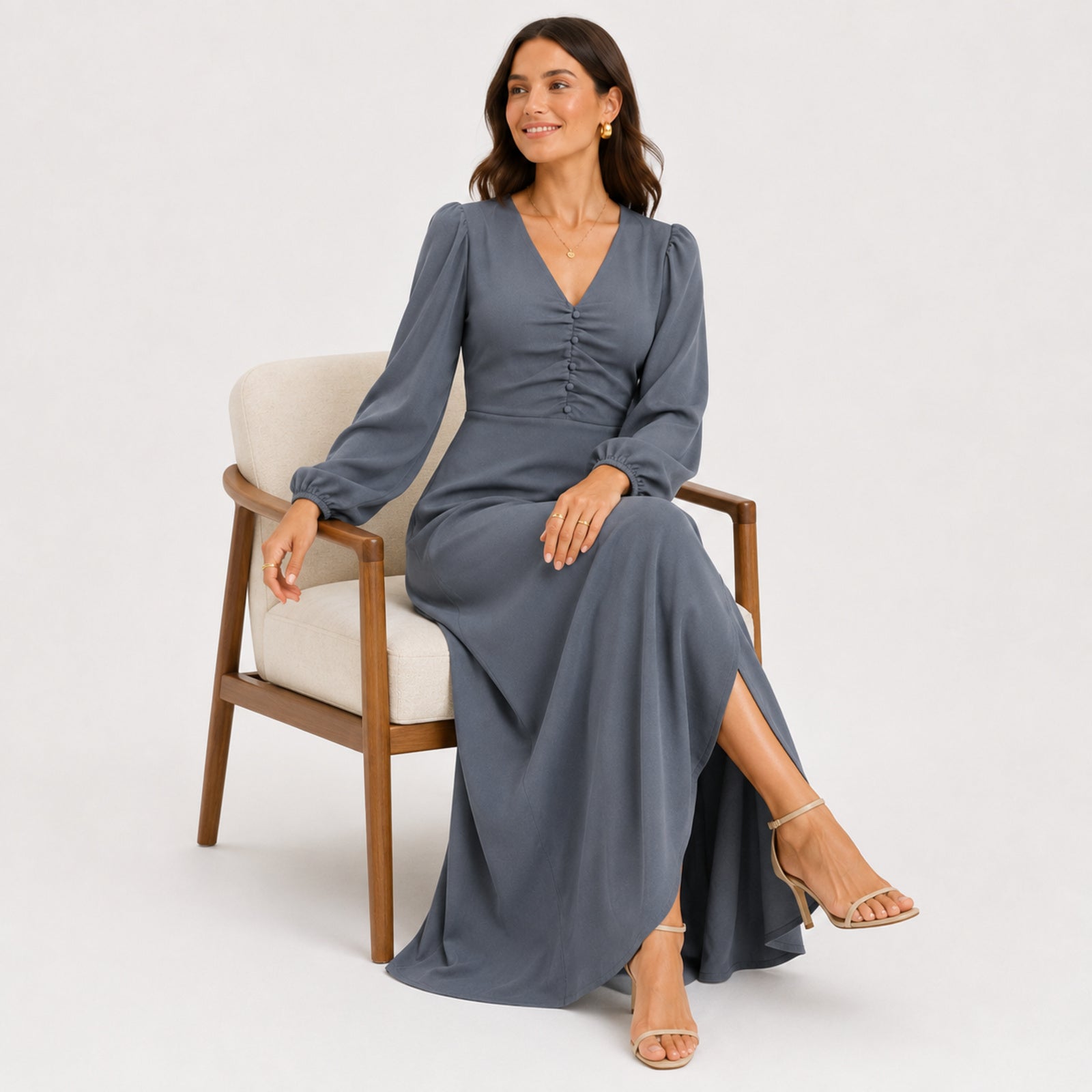 Women's Grey V-Neck Button Detail Long Sleeve Flared Maxi Dress | Elegant Occasion Wear Dress-2