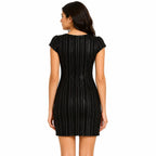 Women's Black Embellished Bodycon Mini Dress with Cap Sleeves-2