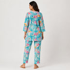Women's Sky Blue Tropical Printed Night Suit Co-Ord Set-2