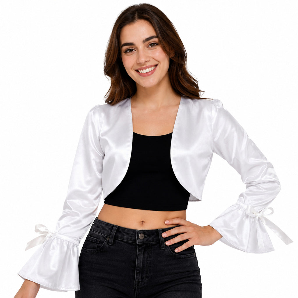 Women's White Bell Sleeve Crop Shrug Jacket-1