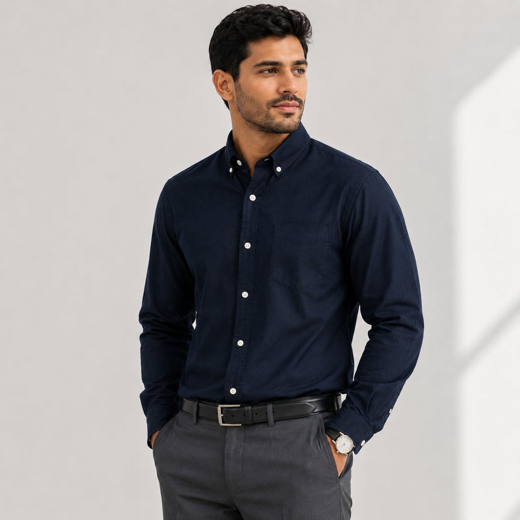 Men's Classic Navy Blue Button-Down Casual Solid Shirt-1