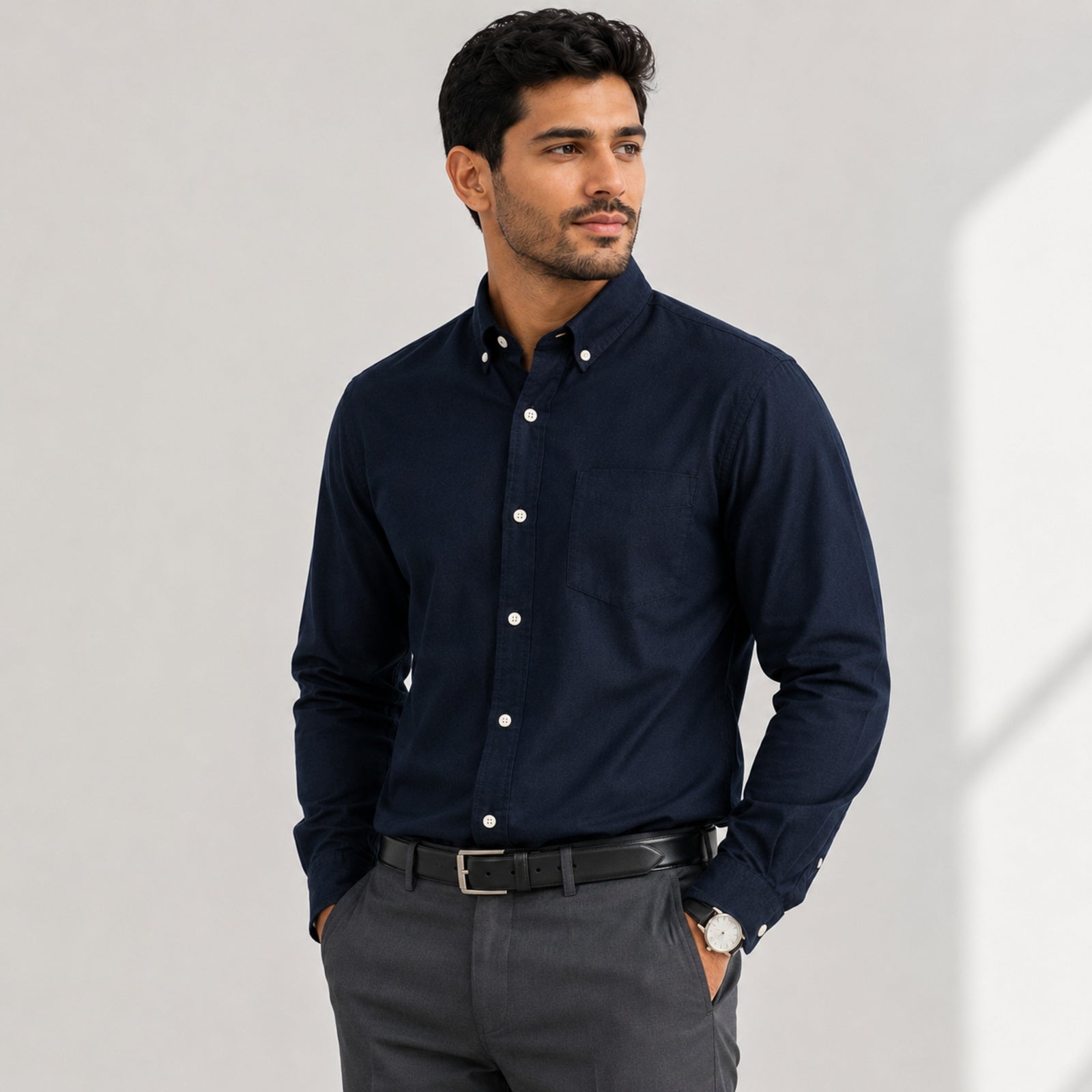 Men's Classic Navy Blue Button-Down Casual Solid Shirt-1