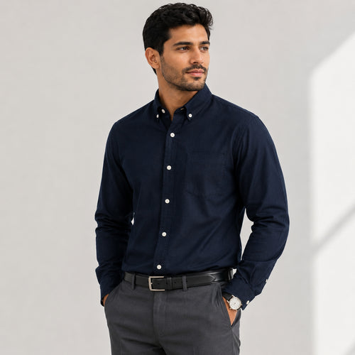 Men's Classic Navy Blue Button-Down Casual Solid Shirt-1