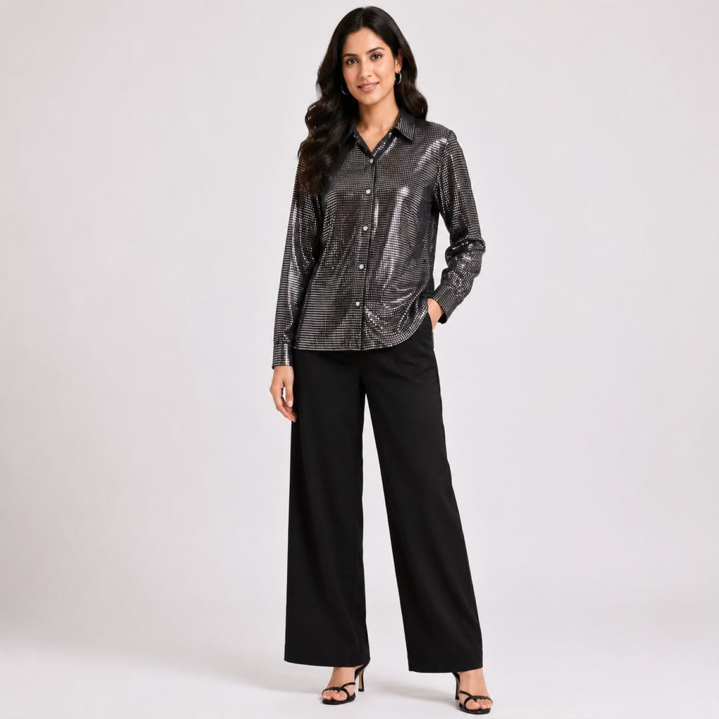 Women's Glamorous Metallic Silver Sequin Button-Down Shirt-1
