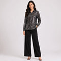 Women's Glamorous Metallic Silver Sequin Button-Down Shirt-1