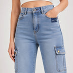 Women's Light Blue Wide Leg Cargo Jeans-2