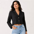 Women's Obsidian Midnight Black Cropped Blazer Jacket with Metallic Button Detailing-1