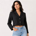 Women's Obsidian Midnight Black Cropped Blazer Jacket with Metallic Button Detailing-1