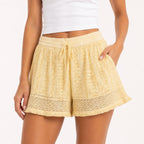 Women's Yellow Textured Lace Trim Relaxed Fit Drawstring Summer Shorts-2