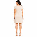 Women's Beige Embellished A-Line Dress | Round Neck Short Sleeve Knee Length Casual Dress-4