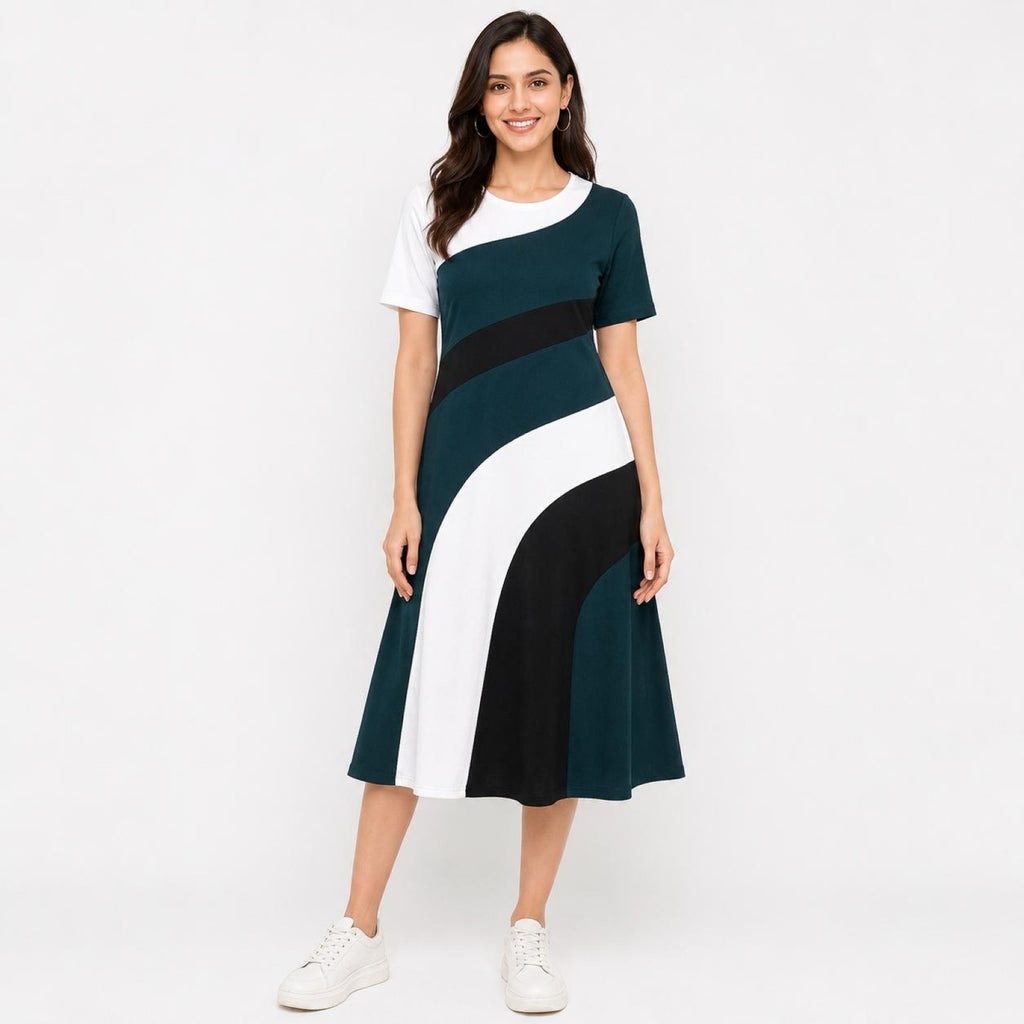 Women's Green Abstract Color Block Round Neck A-Line Midi Dress-2