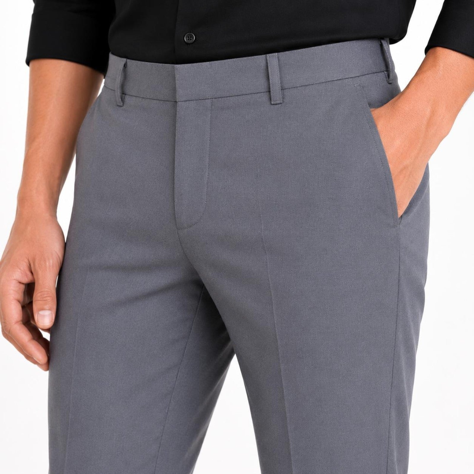 Men's Grey Slim Fit Flat-Front Formal Trousers | Tailored Office Wear Pants-2