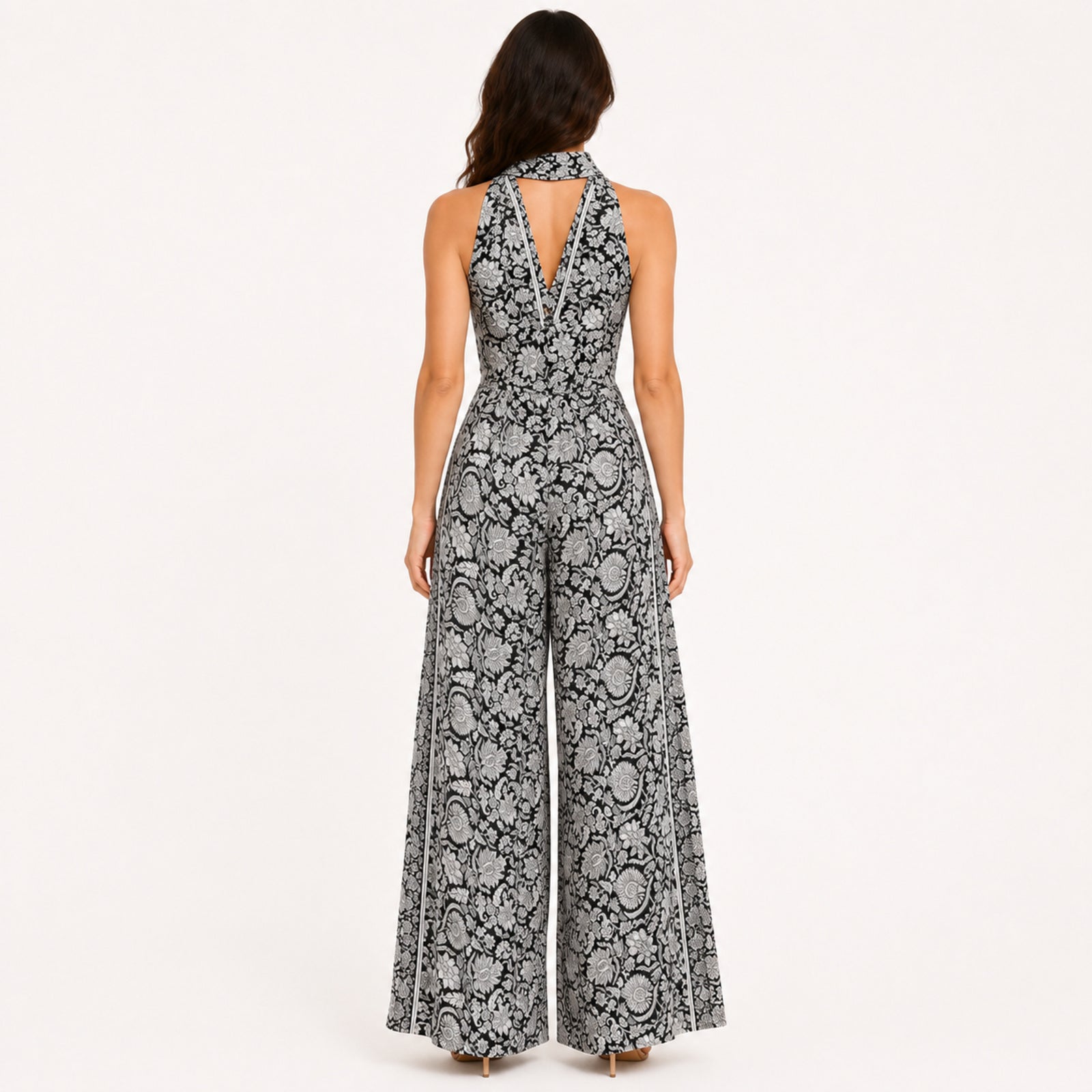 Women's White & Black  Floral Halter Neck Wide Leg Jumpsuit | Elegant Resort Wear Jumpsuit-4