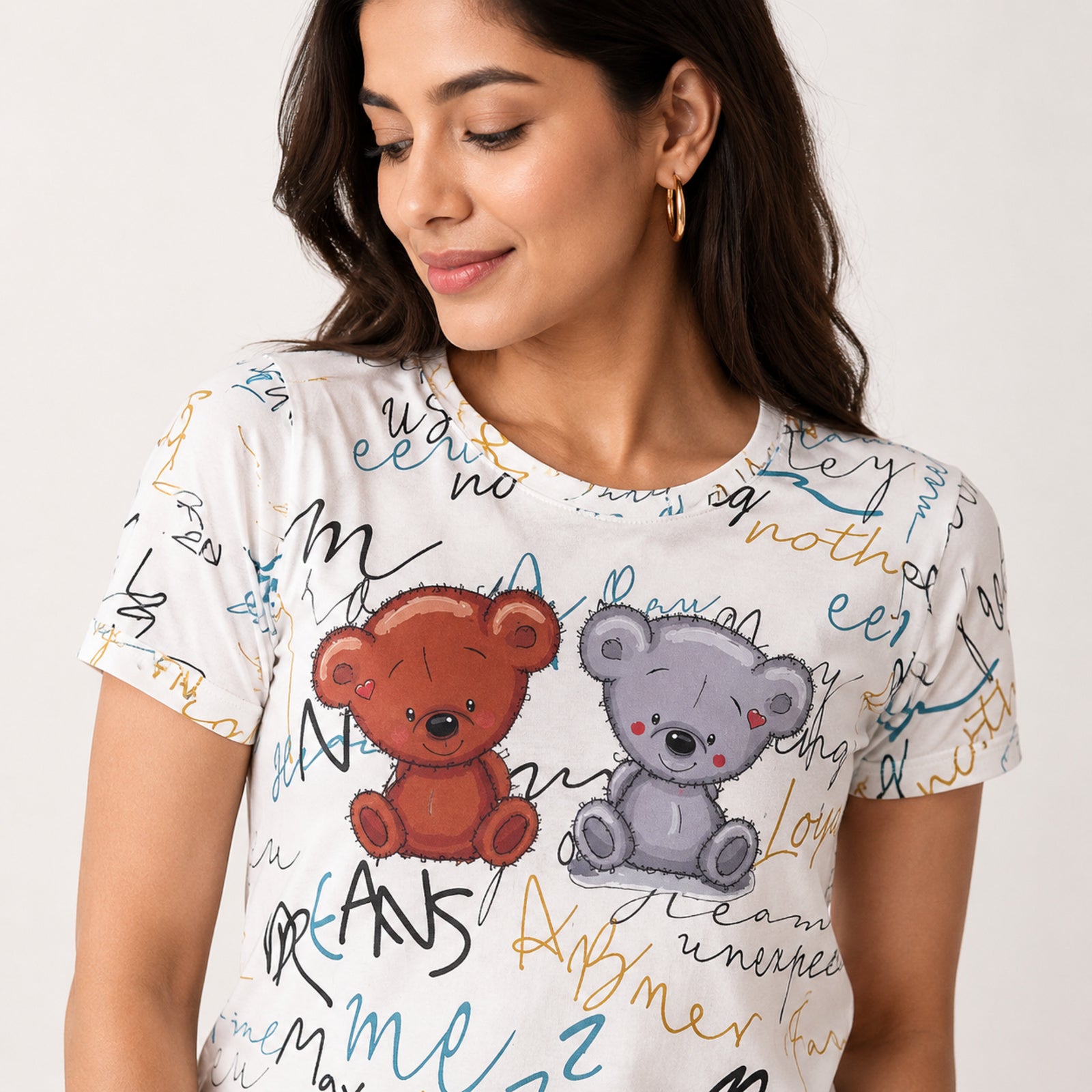 Women's Cute Teddy Bear Graphic Printed White T-Shirt-2