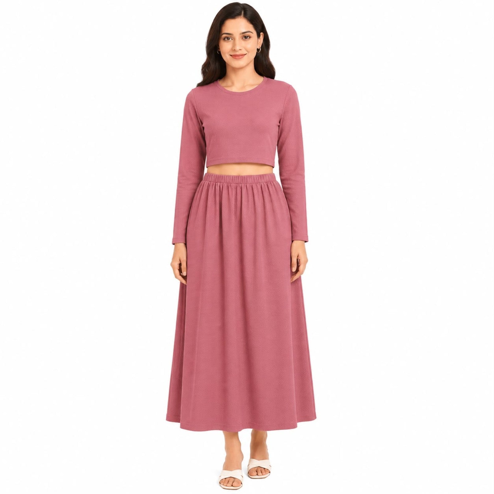 Women's Rust Long Sleeve Crop Top and Maxi Skirt Co-Ord Set-2